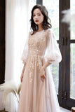 solvbao Pink Tulle Lace Long A-Line Prom Dresses, Long Sleeve Evening Dresses