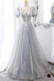 solvbao Gray Tulle Lace Long Party Dress, A-Line Evening Dress