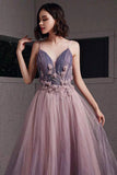 solvbao Purple V-Neck Tulle Long Prom Dresses, A-Line Ombre Evening Dresses