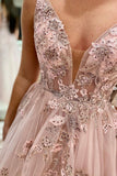 solvbao Pink V-Neck Lace Long Prom Dress, A-Line Evening Party Dress