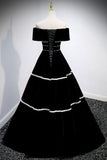 solvbao Black Velvet Long Prom Dresses, A-Line Off the Shoulder Evening Dresses