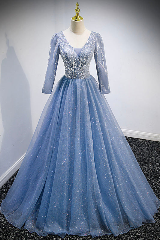 solvbao Blue V-Neck Tulle Beading Long Prom Dresses, Long Sleeve Evening Dresses