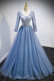 solvbao Blue V-Neck Tulle Beading Long Prom Dresses, Long Sleeve Evening Dresses