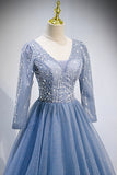 solvbao Blue V-Neck Tulle Beading Long Prom Dresses, Long Sleeve Evening Dresses