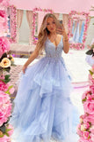 solvbao Blue V-Neck Tulle Lace Long Prom Dresses, A-Line Evening Dresses