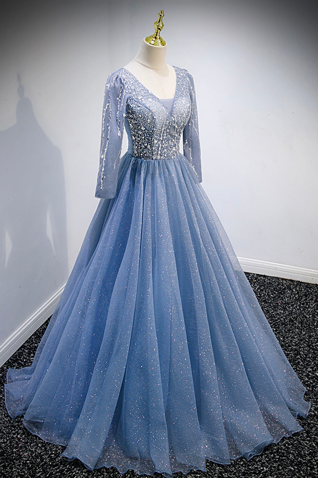 solvbao Blue V-Neck Tulle Beading Long Prom Dresses, Long Sleeve Evening Dresses