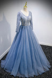 solvbao Blue V-Neck Tulle Beading Long Prom Dresses, Long Sleeve Evening Dresses