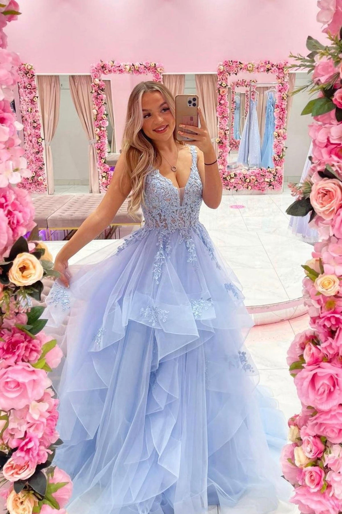 solvbao Blue V-Neck Tulle Lace Long Prom Dresses, A-Line Evening Dresses