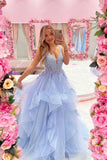 solvbao Blue V-Neck Tulle Lace Long Prom Dresses, A-Line Evening Dresses