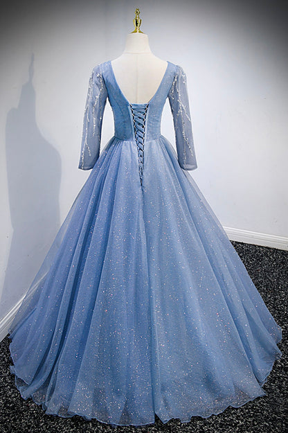 solvbao Blue V-Neck Tulle Beading Long Prom Dresses, Long Sleeve Evening Dresses