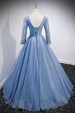 solvbao Blue V-Neck Tulle Beading Long Prom Dresses, Long Sleeve Evening Dresses