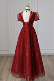 solvbao Burgundy Tulle Sequins Tea Length Prom Dress, A-Line Evening Dress