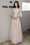 solvbao Pink Tulle Lace Long A-Line Prom Dresses, Long Sleeve Evening Dresses