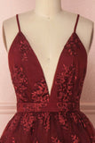 solvbao Burgundy V-Neck Lace Short Backless Prom Dress, Cute Lace Party Dress