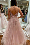 solvbao Pink V-Neck Lace Long Prom Dress, A-Line Evening Party Dress