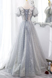 solvbao Gray Tulle Lace Long Party Dress, A-Line Evening Dress