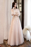 solvbao Pink Tulle Lace Long A-Line Prom Dresses, Long Sleeve Evening Dresses