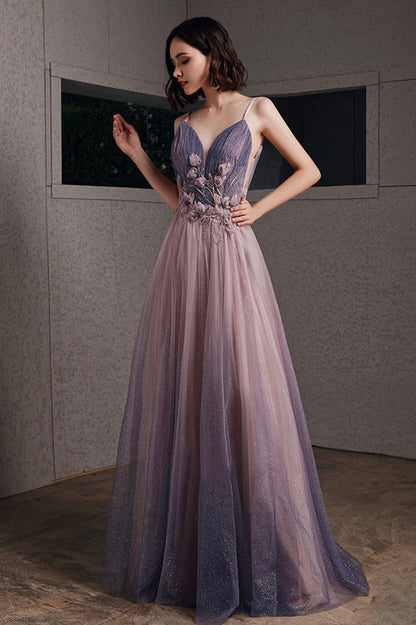 solvbao Purple V-Neck Tulle Long Prom Dresses, A-Line Ombre Evening Dresses