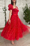 solvbao Red Tulle Short A-Line Prom Dresses, Cute Evening Party Dresses