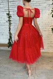 solvbao Red Tulle Short A-Line Prom Dresses, Cute Evening Party Dresses