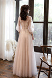 solvbao Pink Tulle Lace Long A-Line Prom Dresses, Long Sleeve Evening Dresses