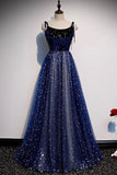 solvbao Blue Tulle Long A-Line Prom Dresses, Blue Evening Party Dresses