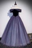 solvbao Purple Velvet Tulle Long Prom Dresses, A-Line Off the Shhouler Evening Dresses