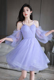 solvbao Cute Puff Sleeve Tulle Short Prom Dresses, A-Line Party Dresses