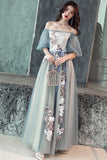 solvbao Gray Tulle Lace Long Prom Dresses, Cute A-Line Evening Dresses