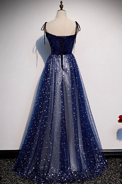 solvbao Blue Tulle Long A-Line Prom Dresses, Blue Evening Party Dresses