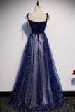 solvbao Blue Tulle Long A-Line Prom Dresses, Blue Evening Party Dresses