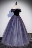 solvbao Purple Velvet Tulle Long Prom Dresses, A-Line Off the Shhouler Evening Dresses