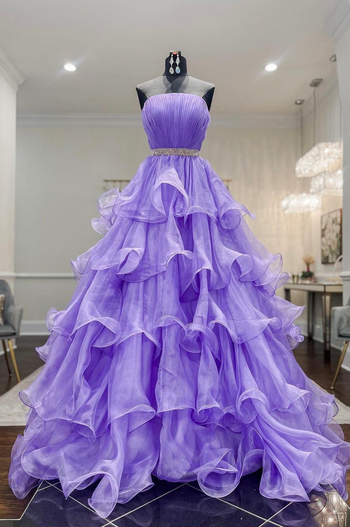 solvbao Purple Strapless Organza Long Prom Dress, Princess Quinceanera Dresses