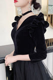 solvbao Black A-Line Long Sleeve Prom Dress, Black V-Neck Evening Dress