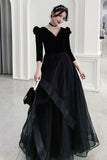 solvbao Black A-Line Long Sleeve Prom Dress, Black V-Neck Evening Dress