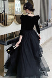 solvbao Black A-Line Long Sleeve Prom Dress, Black V-Neck Evening Dress