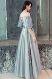 solvbao Gray Tulle Lace Long Prom Dresses, Cute A-Line Evening Dresses