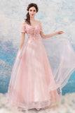 solvbao Pink Lace Long A-Line Prom Dresses, Lovely Pink Evening Dresses