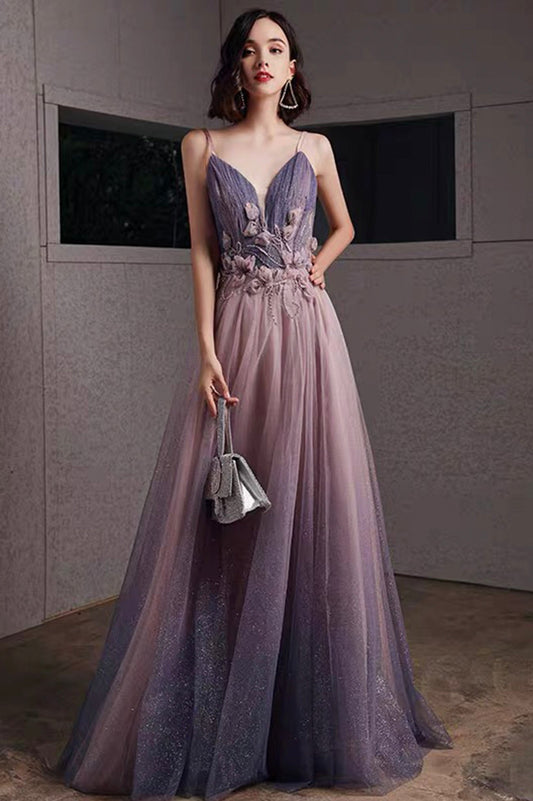 solvbao Purple V-Neck Tulle Long Prom Dresses, A-Line Ombre Evening Dresses