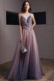 solvbao Purple V-Neck Tulle Long Prom Dresses, A-Line Ombre Evening Dresses