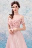 solvbao Pink Lace Long A-Line Prom Dresses, Lovely Pink Evening Dresses