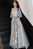 solvbao Gray Tulle Lace Long Prom Dresses, Cute A-Line Evening Dresses