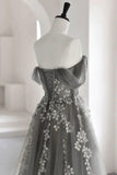 solvbao Gray Tulle Lace Long Prom Dress, A-Line Off the Shoulder Evening Dress