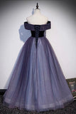 solvbao Purple Velvet Tulle Long Prom Dresses, A-Line Off the Shhouler Evening Dresses