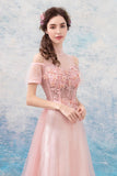 solvbao Pink Lace Long A-Line Prom Dresses, Lovely Pink Evening Dresses