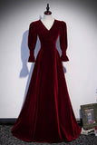 solvbao Burgundy Velvet Long Prom Dresses, A-Line Long Sleeve Evening Dresses