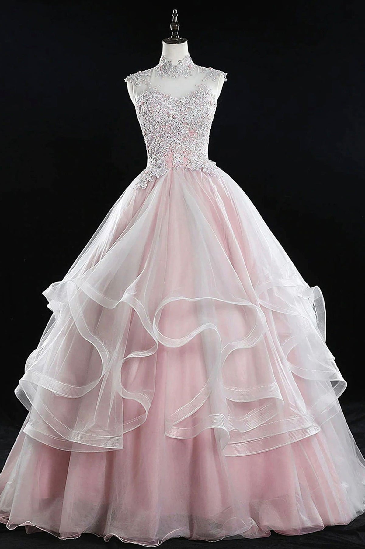 solvbao Pink Tulle Lace Sweet 16 Dresses, Long Quinceanera Dresses