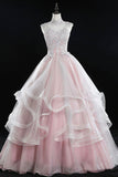 solvbao Pink Tulle Lace Sweet 16 Dresses, Long Quinceanera Dresses