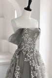 solvbao Gray Tulle Lace Long Prom Dress, A-Line Off the Shoulder Evening Dress