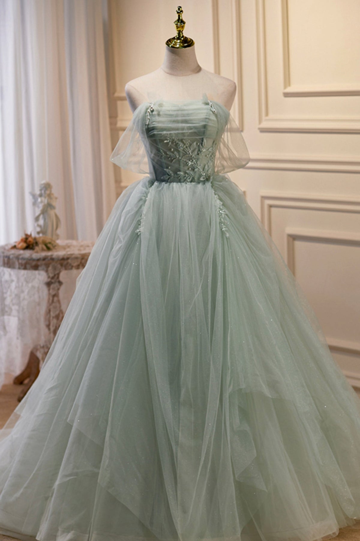 solvbao Green Tulle Beaded Ball Gown Off Shoulder Party Dress, Green Sweet 16 Dress